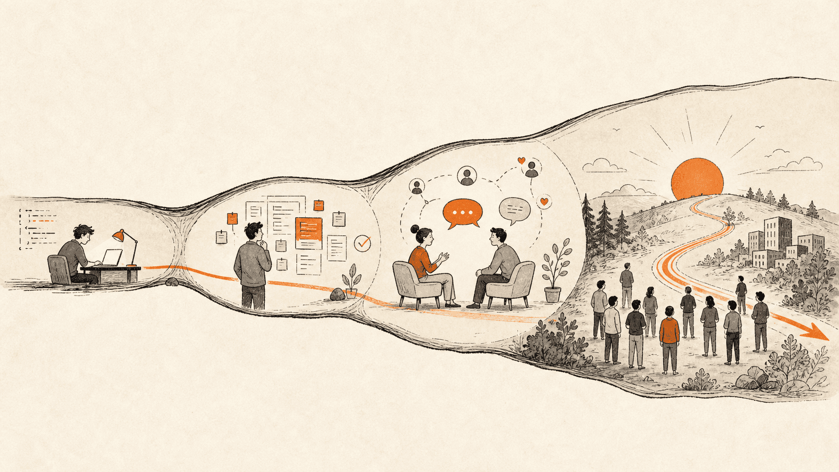 An engineer's focused workspace widens into product decisions, customer conversations, and a team building a company together